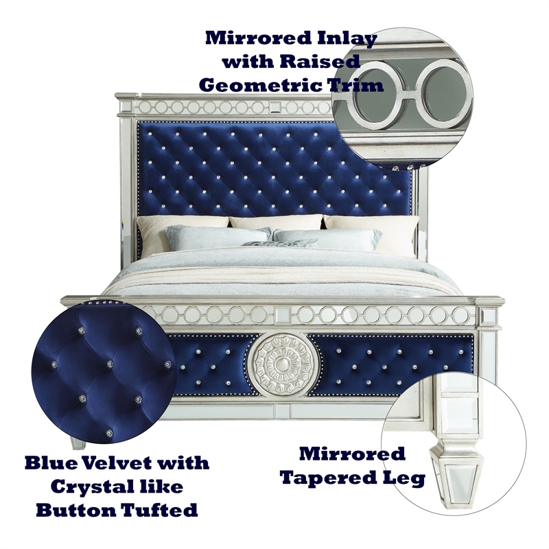 Bowery Hill Queen Panel Bed with Button Tufted Headboard in Blue Velvet