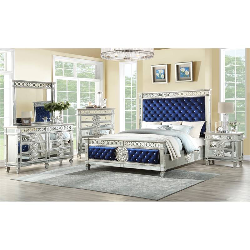Bowery Hill Queen Panel Bed with Button Tufted Headboard in Blue Velvet