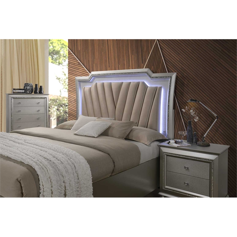 Bowery Hill Queen Faux Leather Storage Bed with LED in Champagne