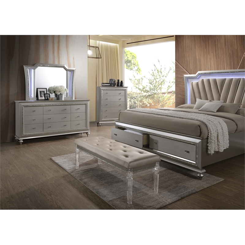 Bowery Hill Queen Faux Leather Storage Bed with LED in Champagne