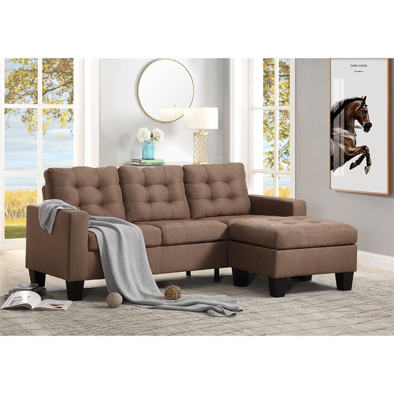 Bowery Hill Sectional Sofa with Reversible Ottoman in Brown Linen