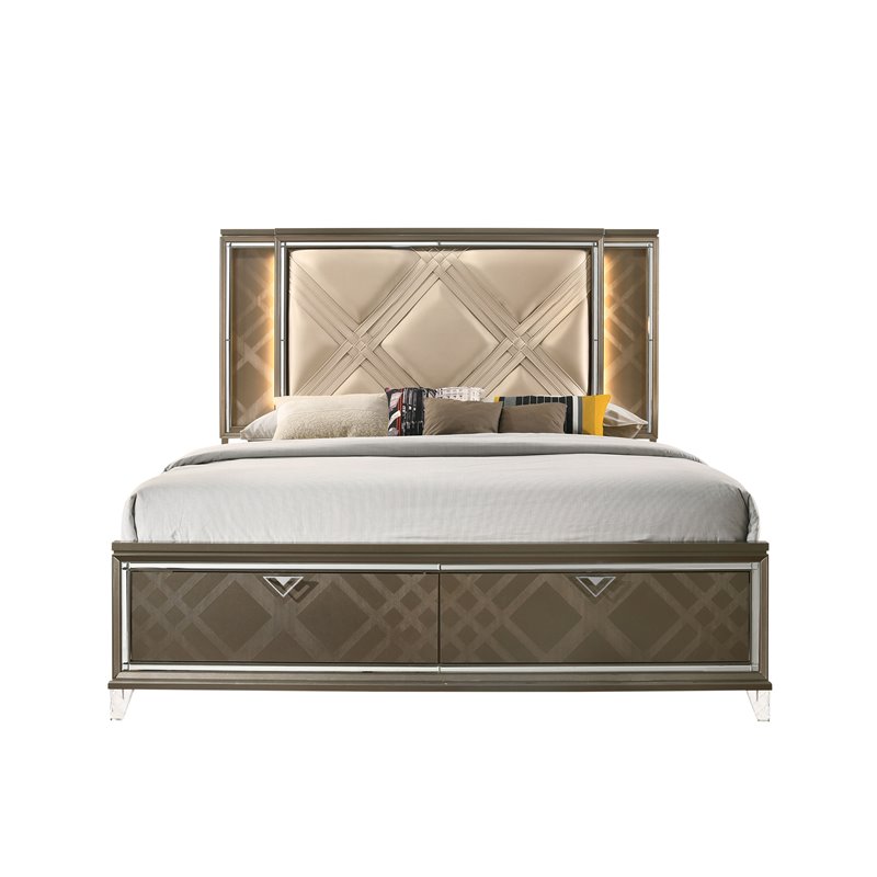 Bowery Hill Eastern King Bed with LED Lighting and Storage in Champagne