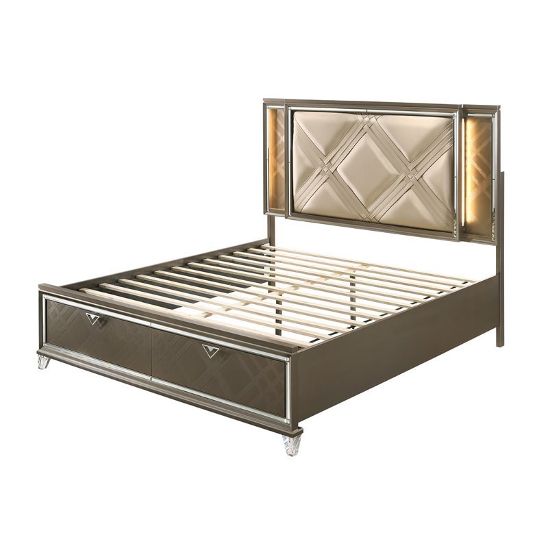 Bowery Hill Eastern King Bed with LED Lighting and Storage in Champagne