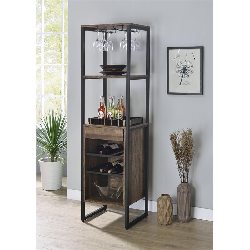 Bowery Hill Metal 1-Drawer Wine Rack with 5 Shelves in Weathered Oak