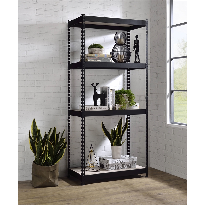 Bowery Hill 4-Shelf Rectangular Metal Bookshelf in Natural and Black