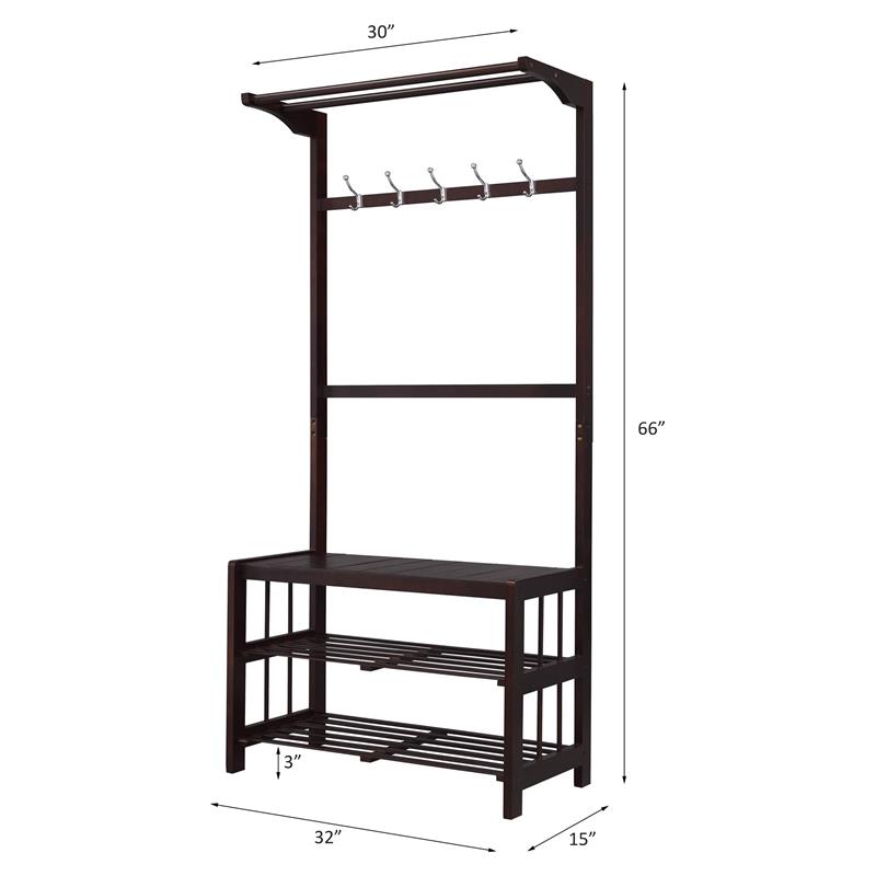 Bowery Hill Wooden Hall Tree with 5 Hooks and 2 Cloth Rods in Espresso