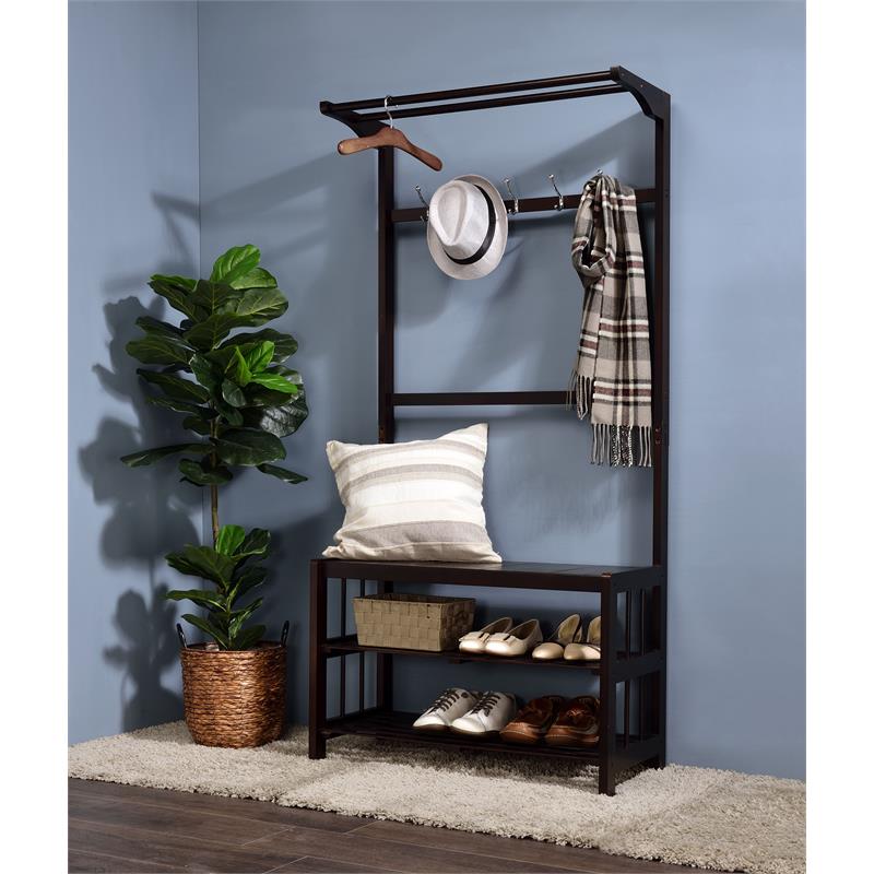 Bowery Hill Wooden Hall Tree with 5 Hooks and 2 Cloth Rods in Espresso