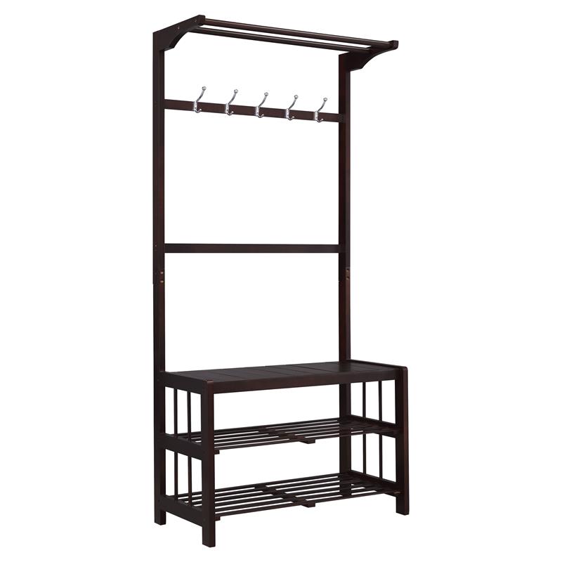 Bowery Hill Wooden Hall Tree with 5 Hooks and 2 Cloth Rods in Espresso