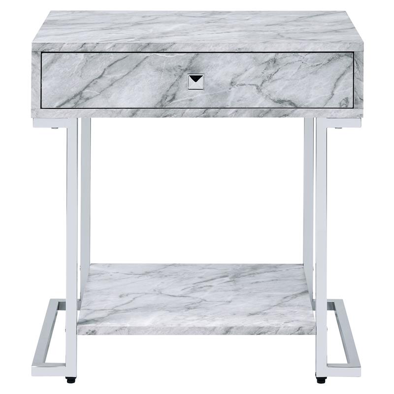 Bowery Hill 1-Drawer Nightstand with Faux Marble Top and Chrome Base