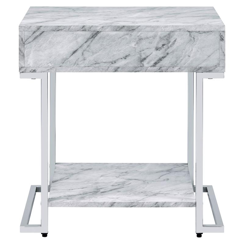 Bowery Hill 1-Drawer Nightstand with Faux Marble Top and Chrome Base