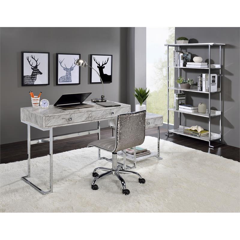 Bowery Hill 1-Drawer Nightstand with Faux Marble Top and Chrome Base