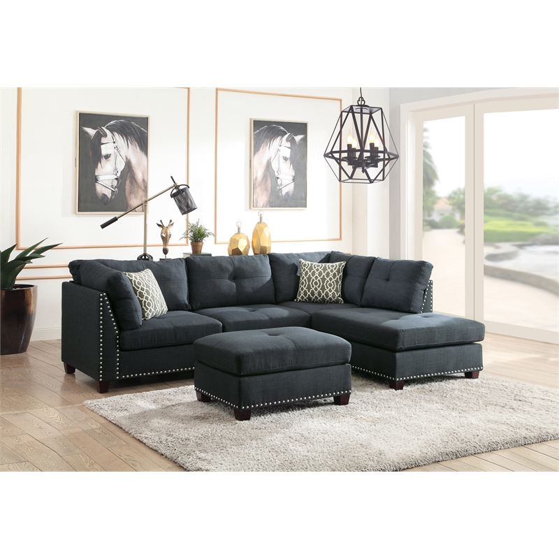 Bowery Hill L-Shaped Sectional Sofa with Ottoman in Dark Blue Linen