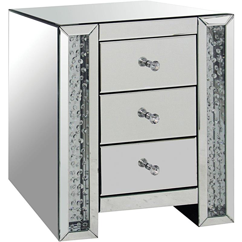 Bowery Hill Mirrored Accent Table with 3 Drawers and Faux Crystal Inlays