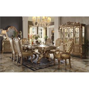 Bowery Hill Wooden Trestle Dining Table with 2 Leaves in Gold Patina/Bone