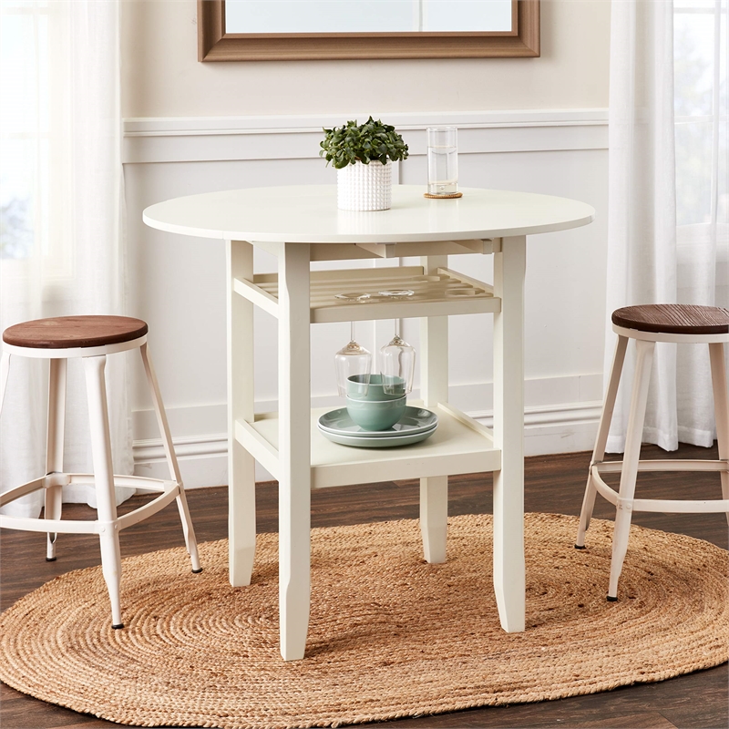 Bowery Hill Round Counter Height Table with Drop Leaves in Cream Wood