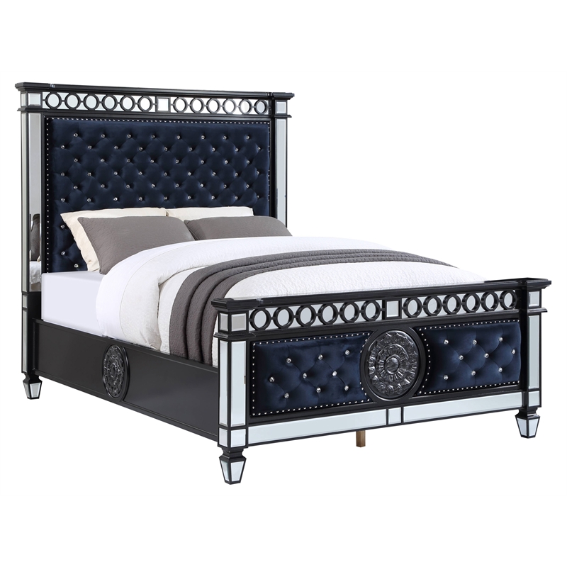 Bowery Hill Eastern King Panel Bed in Dark Navy Velvet with Crystal Buttons
