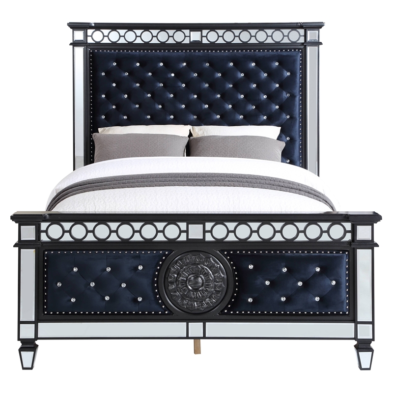 Bowery Hill Eastern King Panel Bed in Dark Navy Velvet with Crystal Buttons