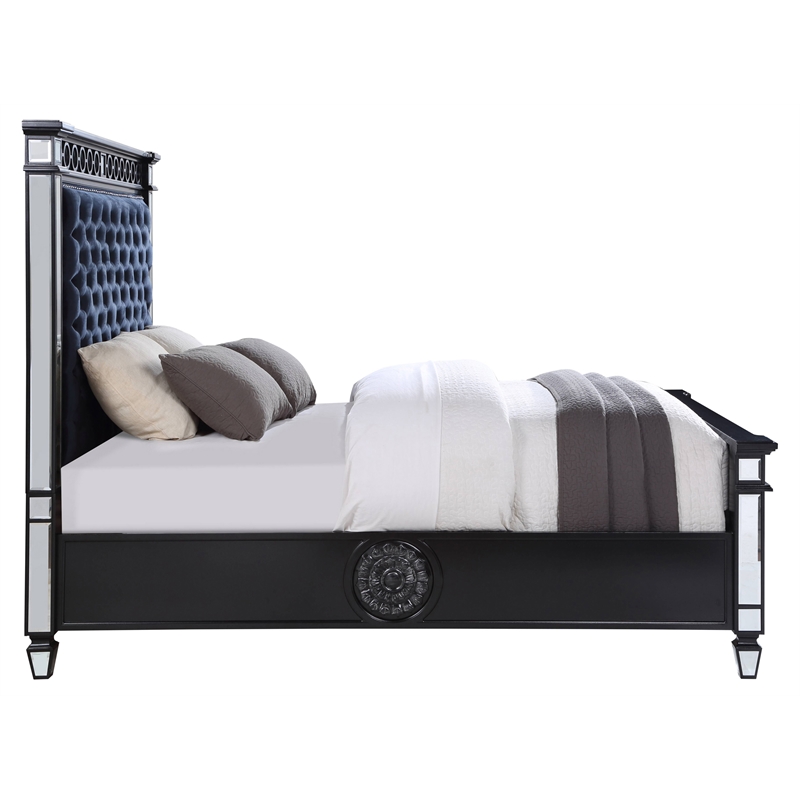 Bowery Hill Eastern King Panel Bed in Dark Navy Velvet with Crystal Buttons