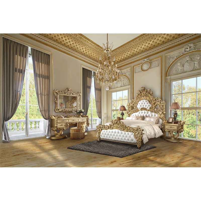 Bowery Hill MDF Ornate Mirror with Intricate Carvings in Gold Finish