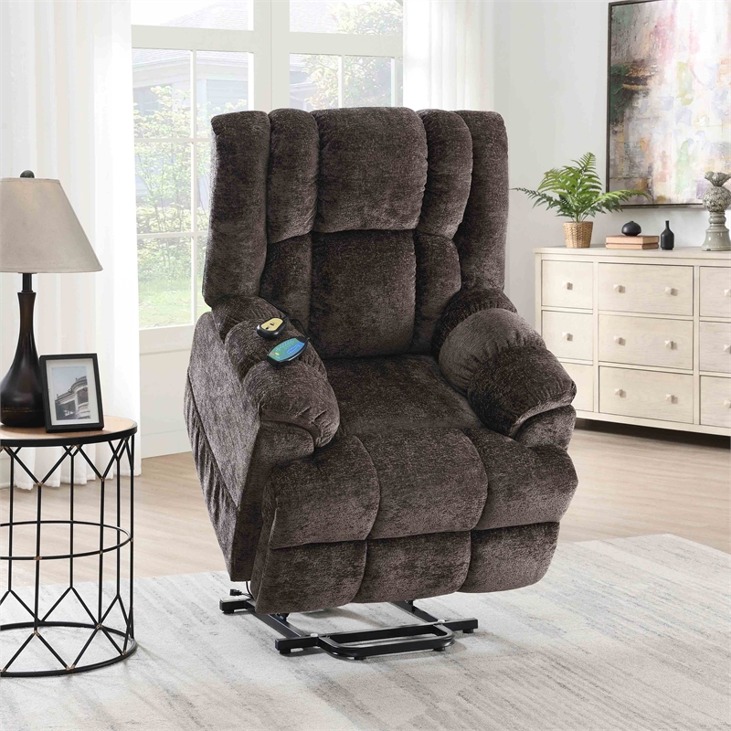 Bowery Hill Velvet Power Recliner with Lift/Heating & Massage in Brown