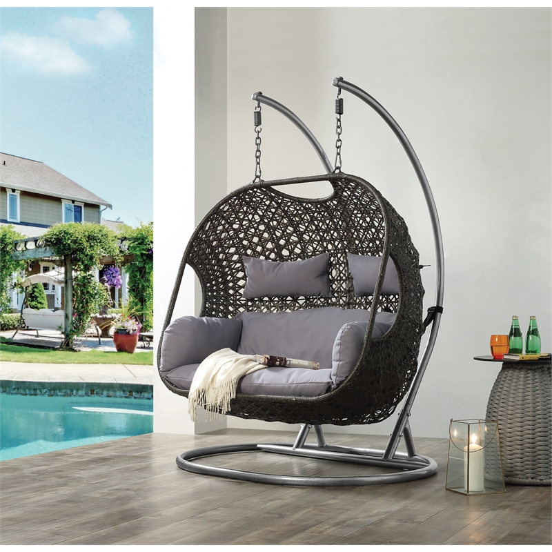 Bowery Hill Hanging Patio Chair with Stand Synthetic Wicker Gray Finish