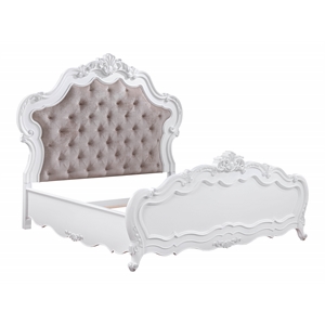 Bowery Hill Wood Queen Bed with Fabric Upholstered Headboard in White