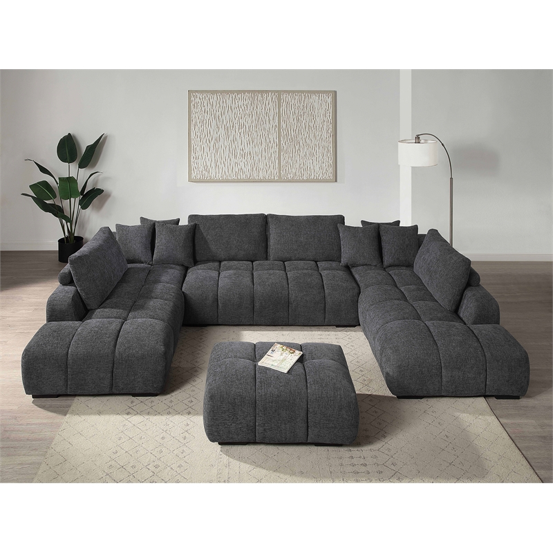 Bowery Hill Linen Upholstered Gray Sectional Sofa with Pillows