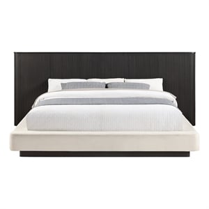 Bowery Hill King Platform Bed in Beige Linen Upholstery and Espresso Base