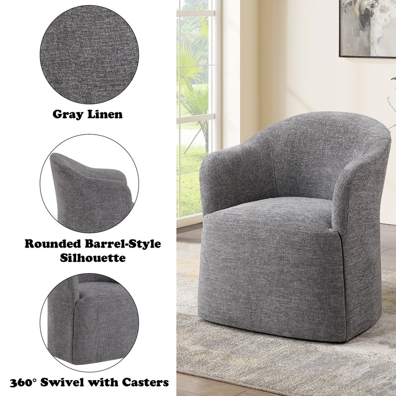 Bowery Hill Barrel Back Dining Arm Chair in Gray Linen with Swivel Base