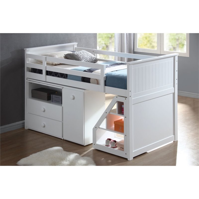 Bowery Hill White Wood Loft Bed with Chest Desk and Storage Ladder