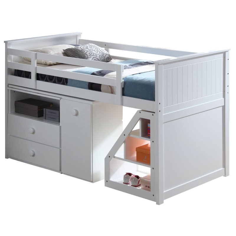 Bowery Hill White Wood Loft Bed with Chest Desk and Storage Ladder