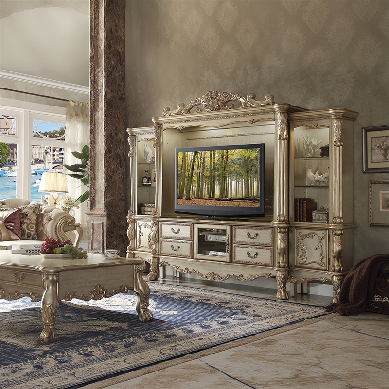 Bowery Hill Entertainment Center with Storage in Gold Patina & Bone