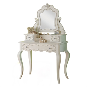 Bowery Hill Vanity Desk with Tilt Mirror in Pearl White Pine and 3 Drawers
