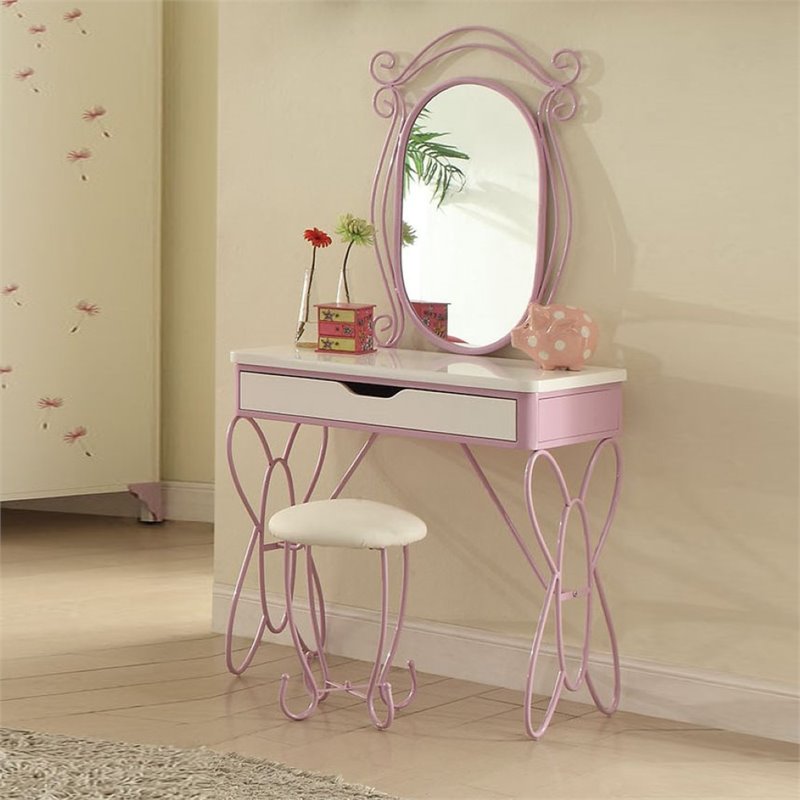Bowery Hill Metal Tube Vanity Set in White and Light Purple with Bench