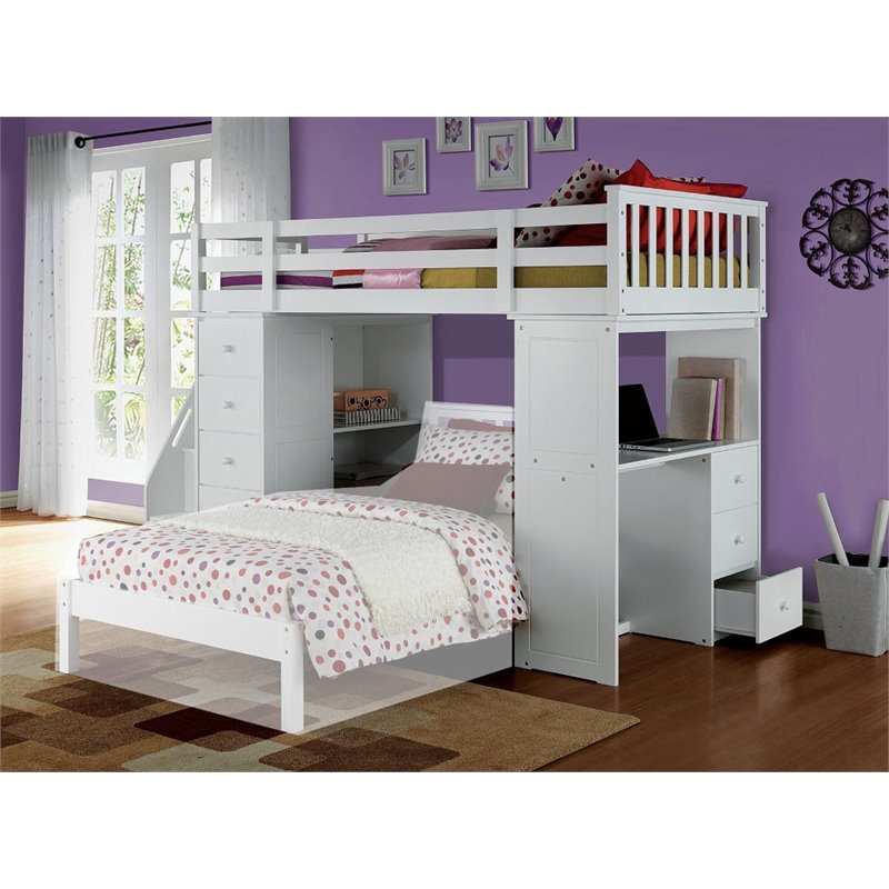 Bowery Hill Solid Wood Loft Bed in White with Bookcase Ladder Storage