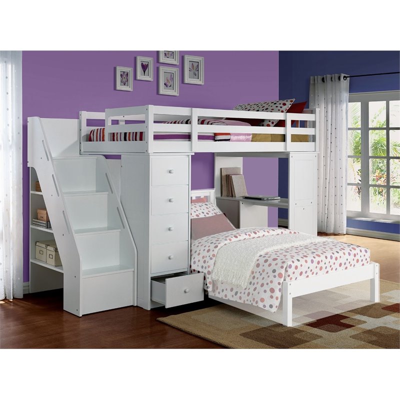Bowery Hill Solid Wood Loft Bed in White with Bookcase Ladder Storage