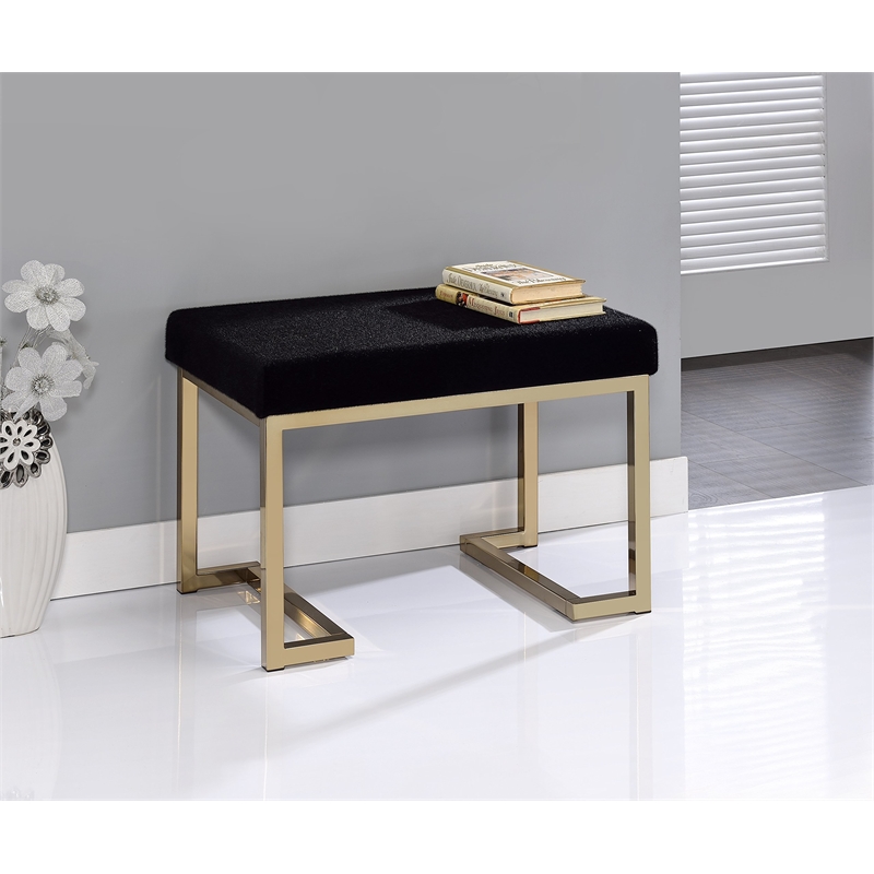 Bowery Hill Rectangular Ottoman with Padded Black Seat and Champagne Base
