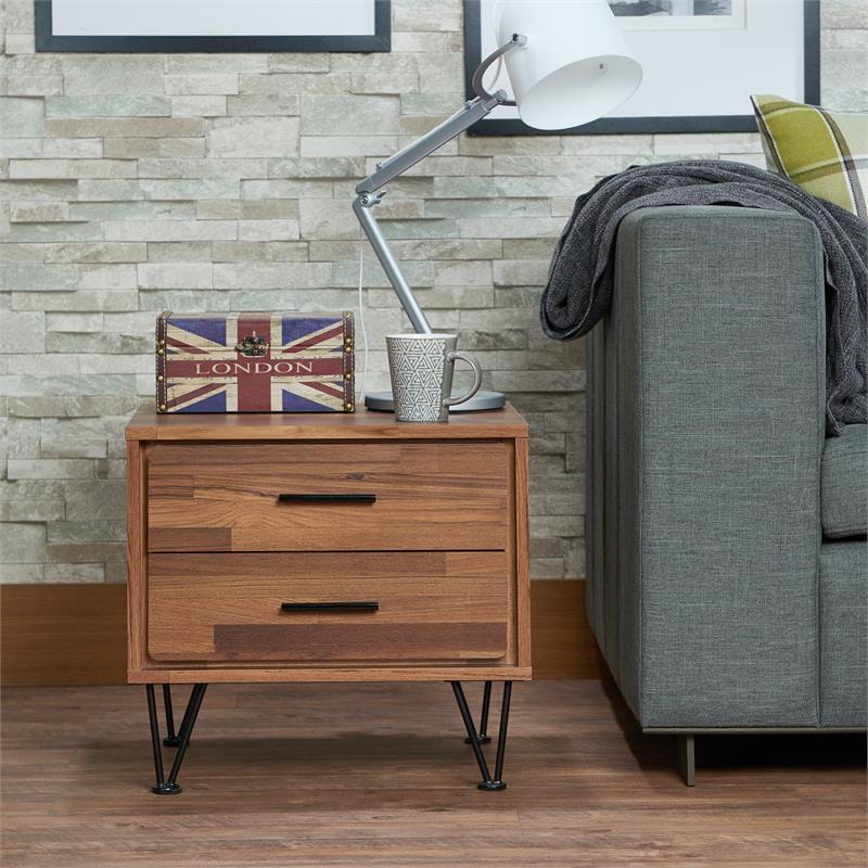Bowery Hill 2-Drawer Nightstand with 'V' Shaped Metal Legs in Walnut