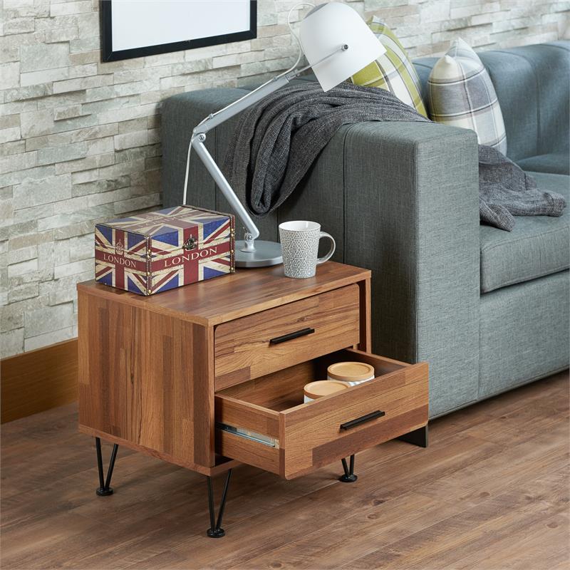 Bowery Hill 2-Drawer Nightstand with 'V' Shaped Metal Legs in Walnut