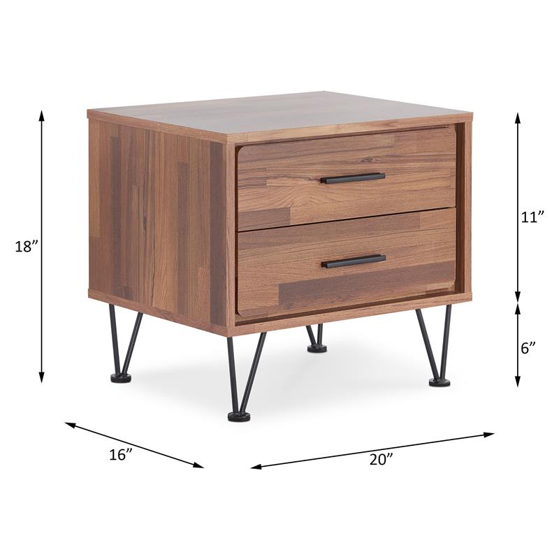 Bowery Hill 2-Drawer Nightstand with 'V' Shaped Metal Legs in Walnut