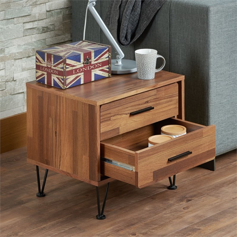 Bowery Hill 2-Drawer Nightstand with 'V' Shaped Metal Legs in Walnut