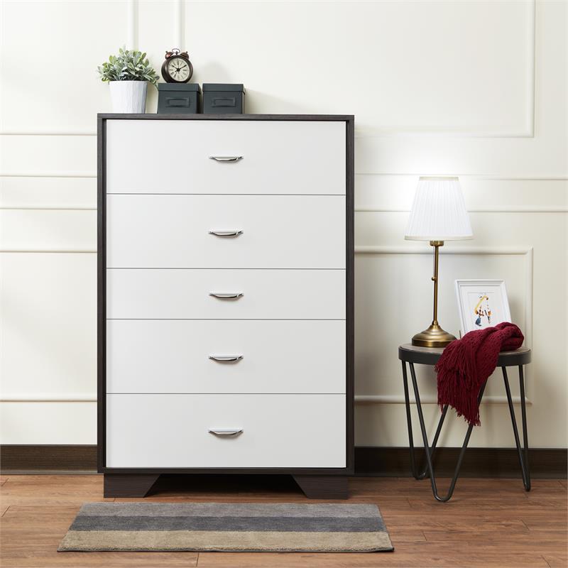 Bowery Hill Wooden Rectangular Chest with 5 Drawers in White and Espresso