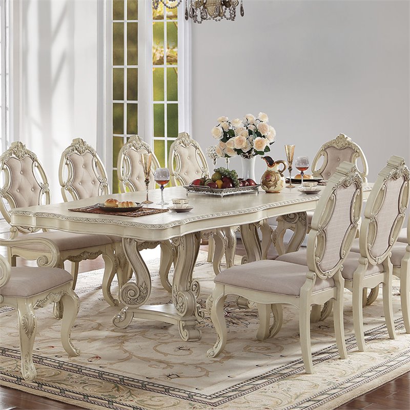 Bowery Hill Extendable Pedestal Dining Table in Antique White Seats 8+