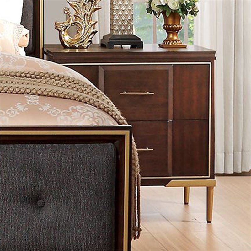 Bowery Hill 2 Drawer Nightstand in Cherry with Gold Metal Trim