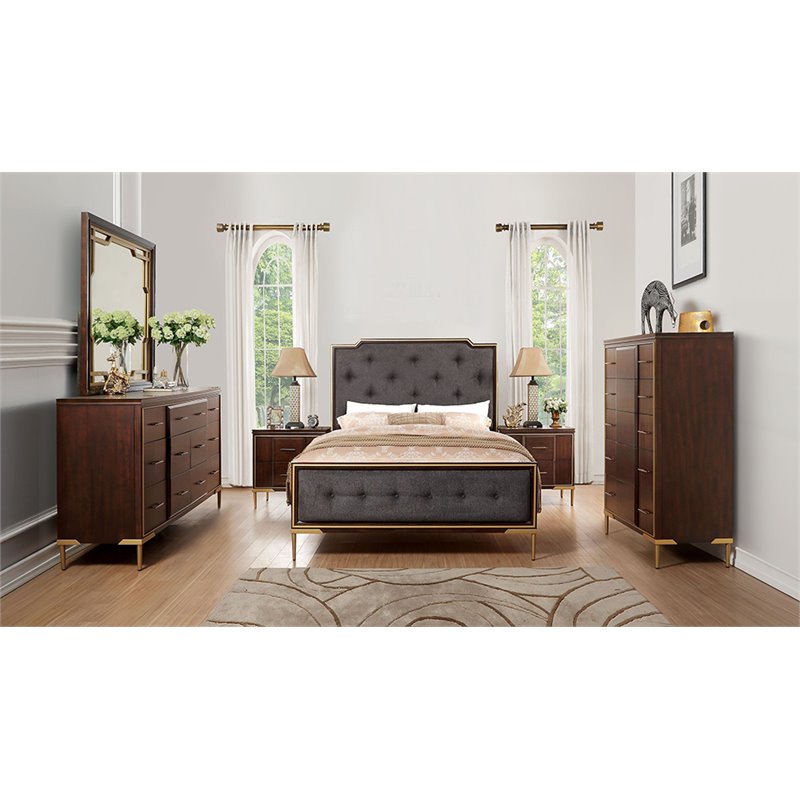 Bowery Hill 2 Drawer Nightstand in Cherry with Gold Metal Trim