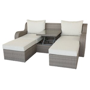 Bowery Hill 3 Piece Wicker Patio Loveseat with Lift Table in Beige and Gray