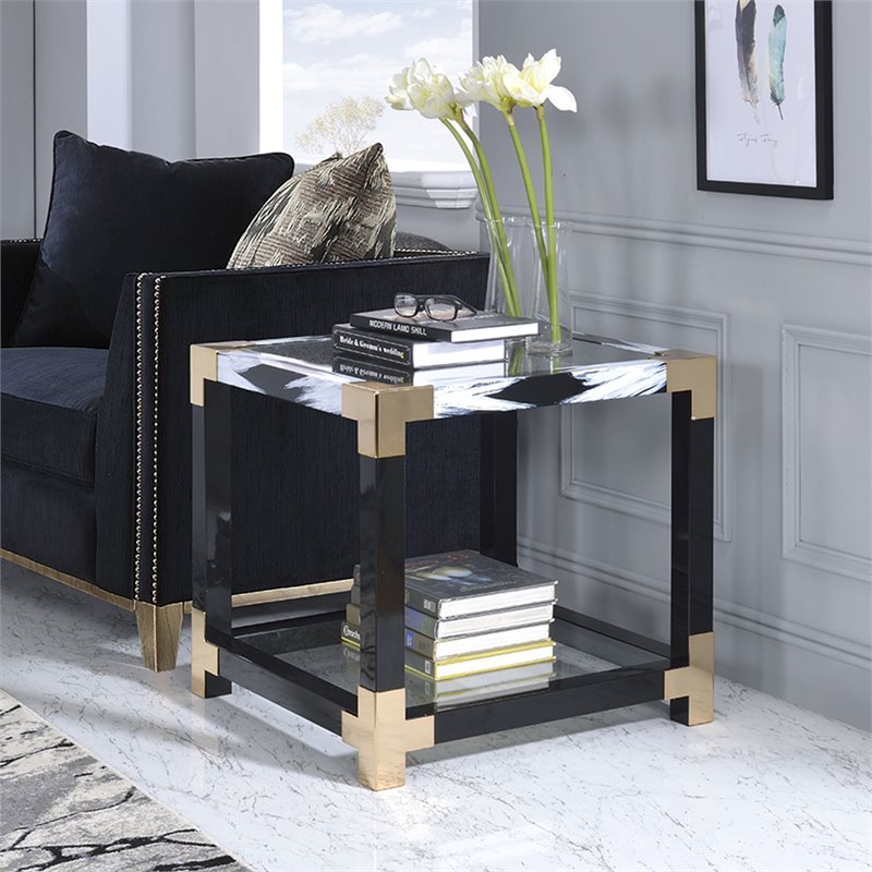 Bowery Hill Square Glass Top End Table with Storage Shelf in White Brushed