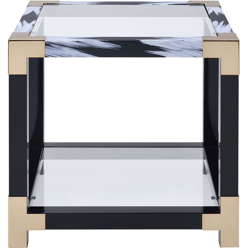 Bowery Hill Square Glass Top End Table with Storage Shelf in White Brushed