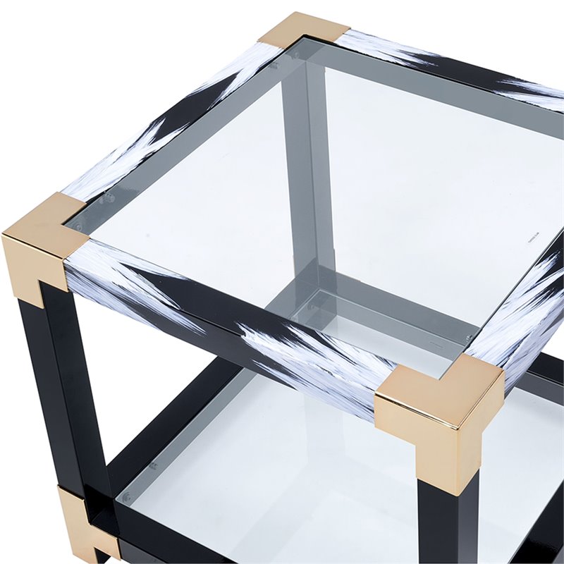 Bowery Hill Square Glass Top End Table with Storage Shelf in White Brushed