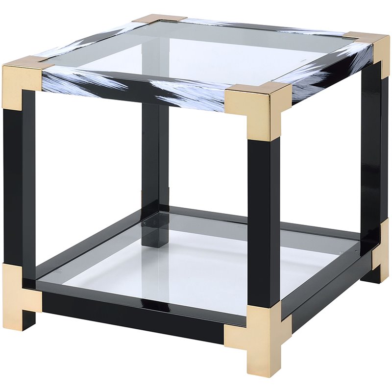 Bowery Hill Square Glass Top End Table with Storage Shelf in White Brushed
